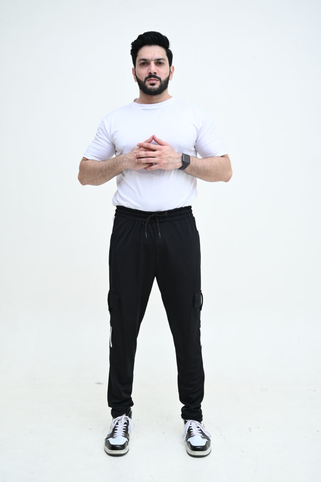 Three Tapes Men's 4 way Stretch-able Lycra Cargo Trousers Black