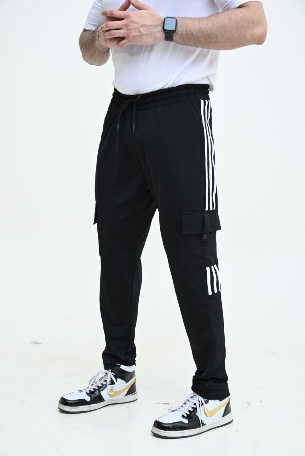 Three Tapes Men's 4 way Stretch-able Lycra Cargo Trousers Black