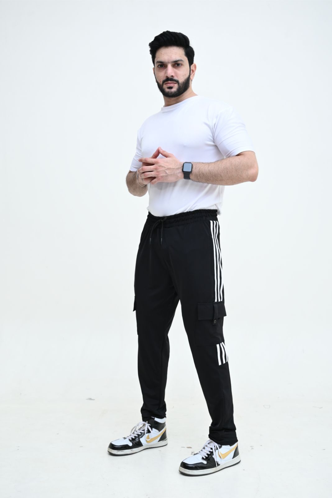 Three Tapes Men's 4 way Stretch-able Lycra Cargo Trousers Black