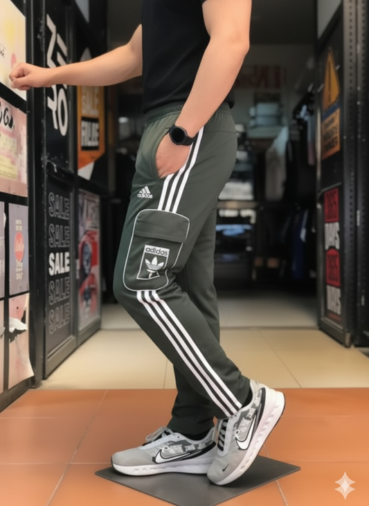 Premium Green Three Tapes Men's 4 way Stretch-able Lycra Oval Pocket Cargo Trousers