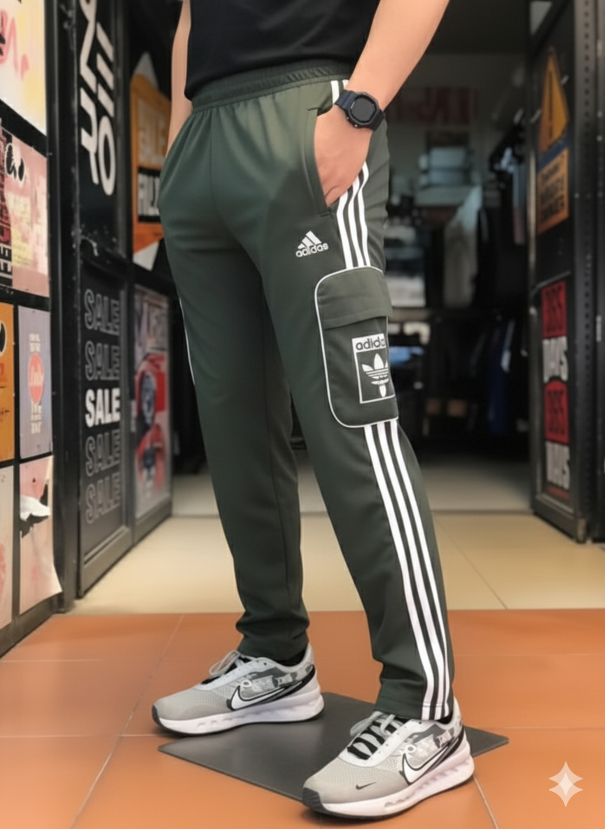 Premium Green Three Tapes Men's 4 way Stretch-able Lycra Oval Pocket Cargo Trousers