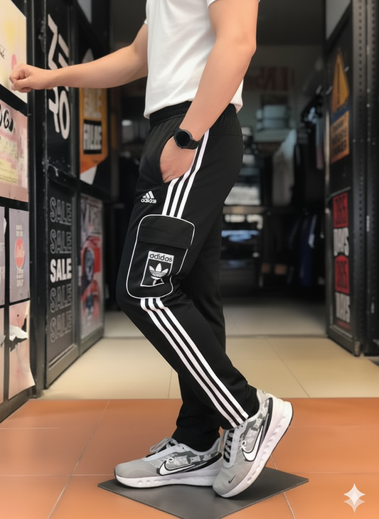 Premium Black Three Tapes Men's 4 way Stretch-able Lycra Oval Pocket Cargo Trousers