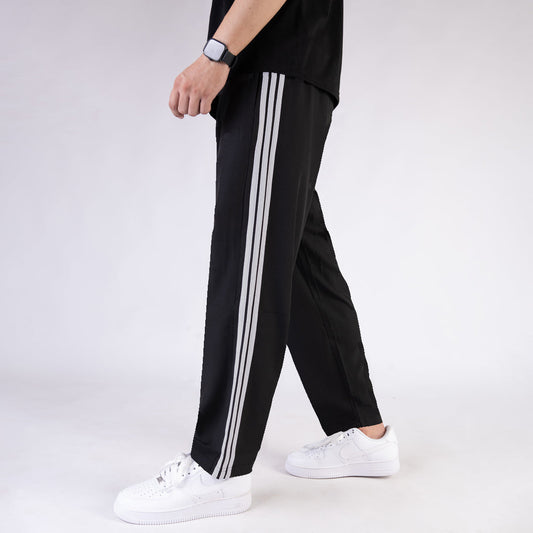 Imported Black Micro Relaxed Fit Trousers with Three Silver Stripes
