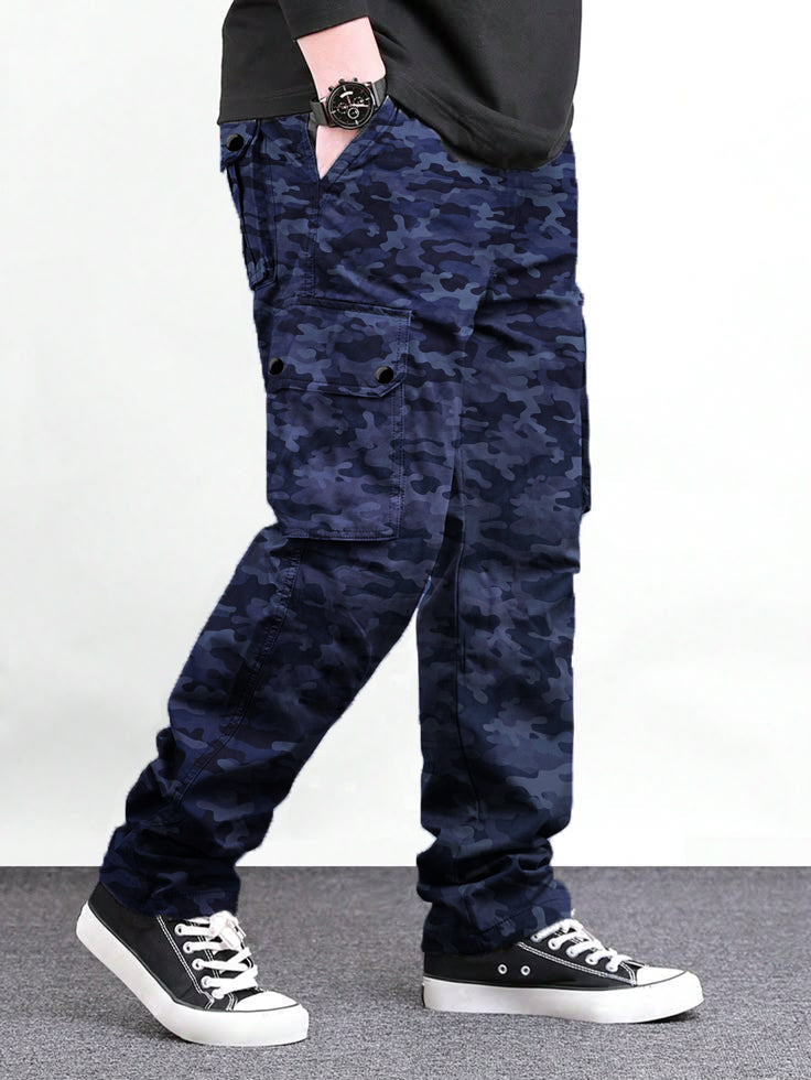 Men's Italian Blue Gray Camouflage Cargo 6 Pocket With Mate Stud Button